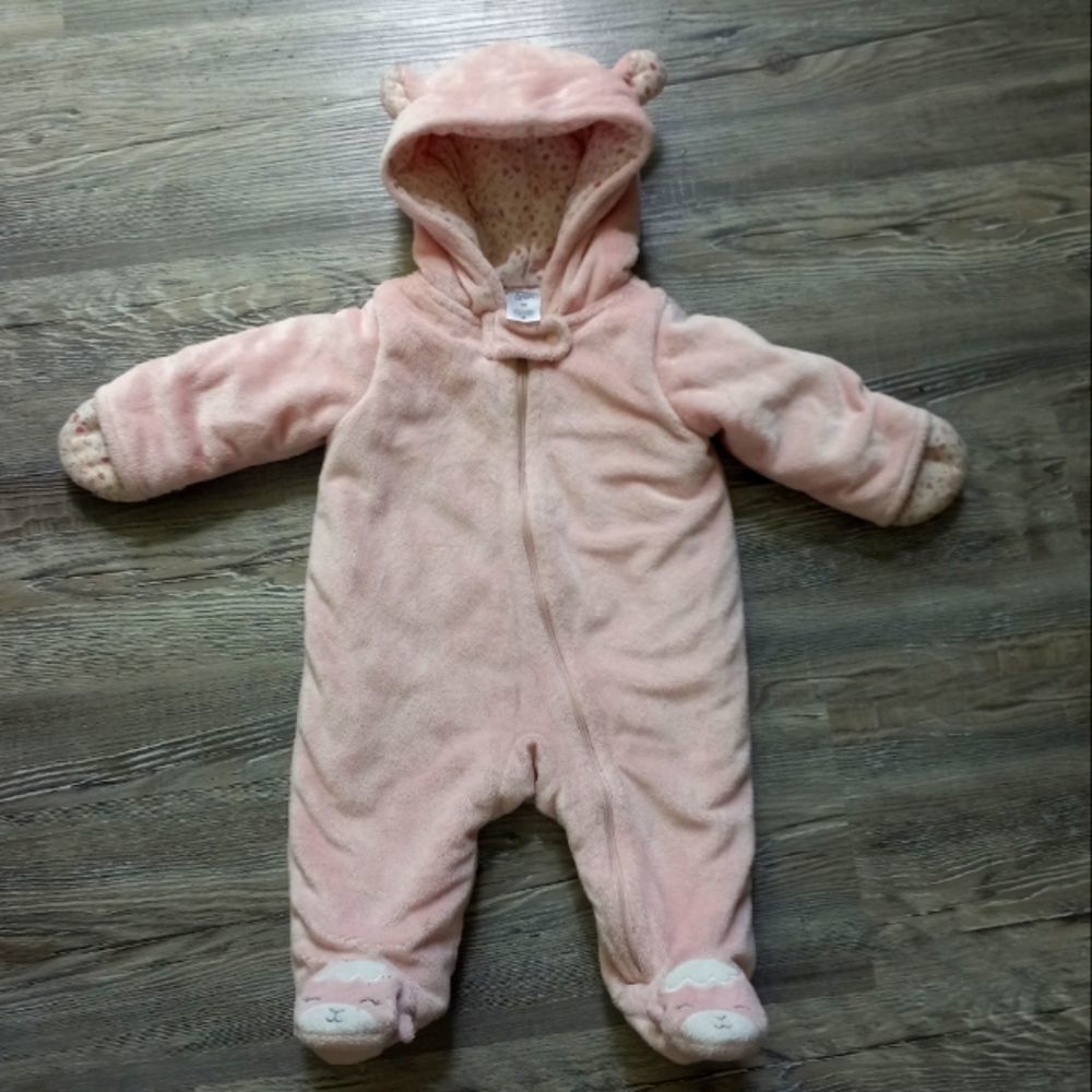 Carter's Winter Pink Bodysuit Hooded Bear Pram thick warm foldover mittens 3M